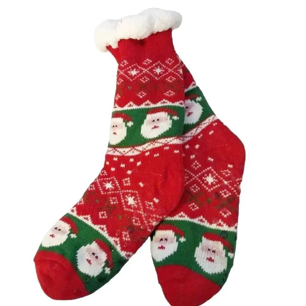 Happy Holidays Festive Santa Knitted Sherpa Lined Bootie Socks NWT